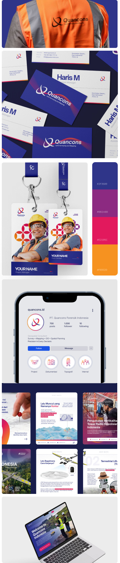 Quancons brand applications: vest, business cards, ID cards, colours, Instagram, social posts and website